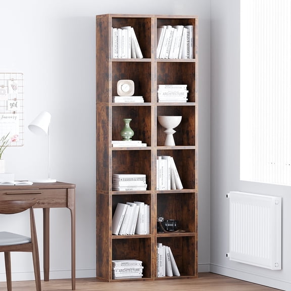 NEWSENDY 68.5 Inches Small Tall Narrow Corner Bookshelf, 6 Shelf Cubby Storage Organizer for Small Spaces, Freestanding Storage Cabinet for Bedroom Library Living Room Home Office, Brown