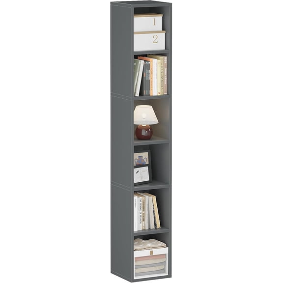 ALISENED 70.8" 6 Tier Tall Narrow Bookshelf, 6 Shelf Wooden Corner Bookcase, Modern Skinny Cubes Storage Organizer Display Shelving for Bedroom, Library, Living Room, Home, Office, Dark Grey