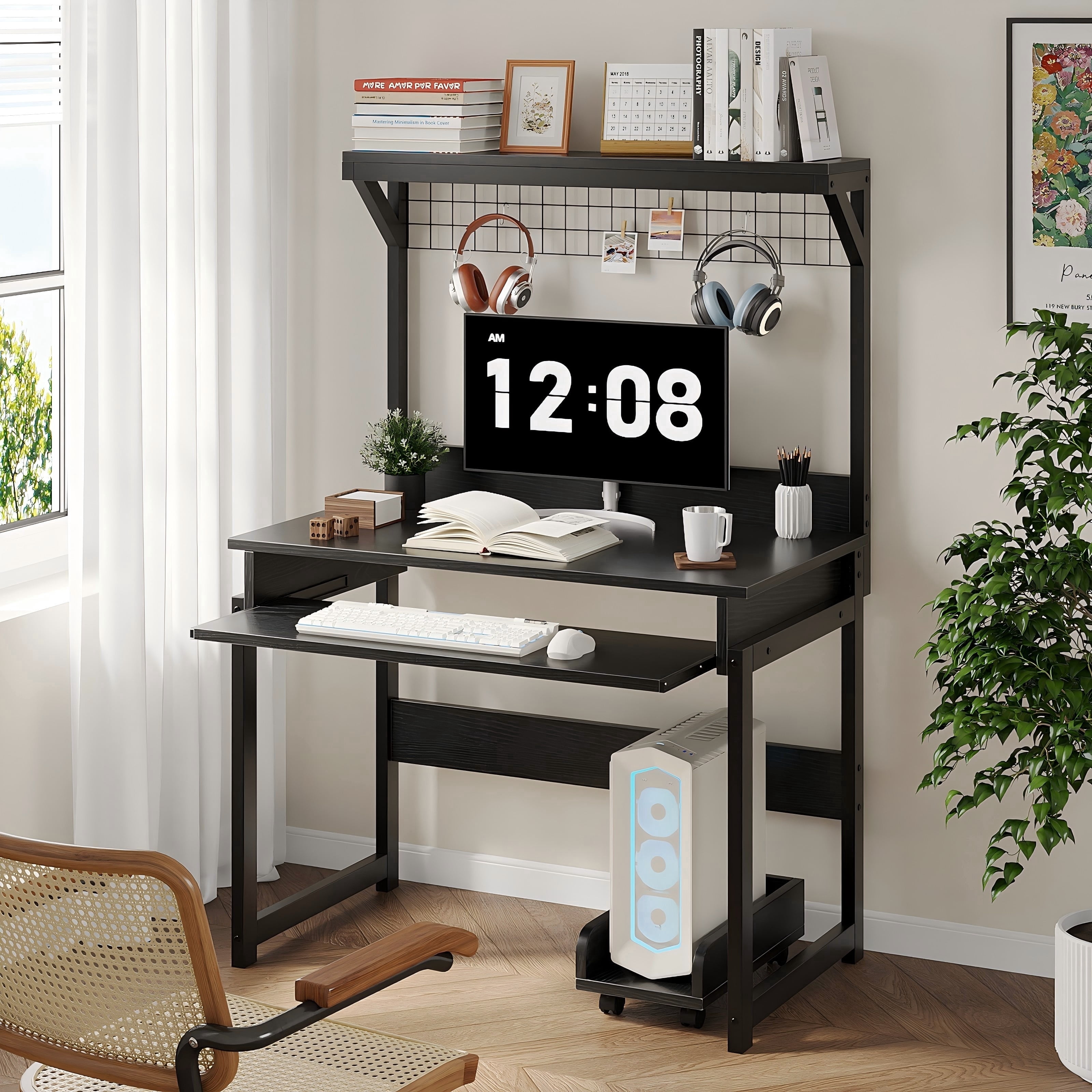 NEWSENDY Industrial Style Multi-tier Standing Computer Desk with Keyboard Tray & Storage Shelves, Sturdy Home Office Workstation for Adults