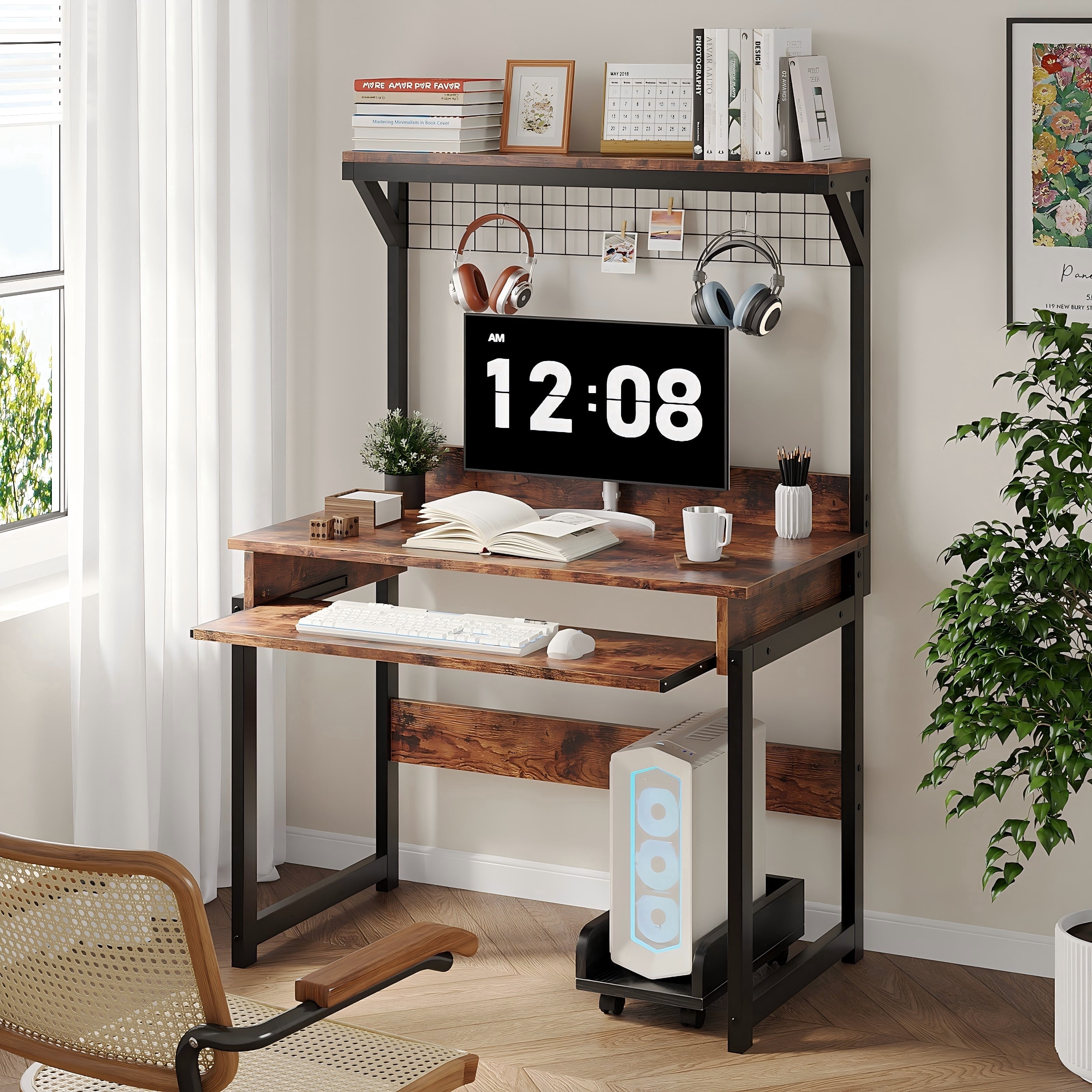 NEWSENDY Industrial Style Multi-tier Standing Computer Desk with Keyboard Tray & Storage Shelves, Sturdy Home Office Workstation for Adults
