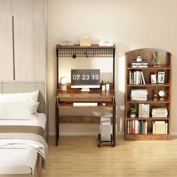 ALISENED Computer Desk with Hutch and Storage Shelf,31.5 Inch Desk with Keyboard Tray, Office Study Table Writing Desk Workstation Bookshelf for Home Office, Brown