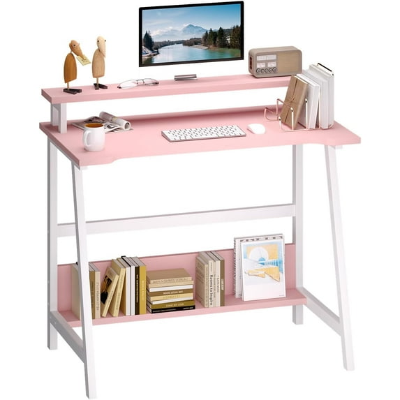 ALISENED Computer Home Office Desk,31.5" Desk for Small Spaces with Storage Shelf,Small Computer Desk with Monitor and Bookshelf,Modern Simple Style Laptop Desk,Pink