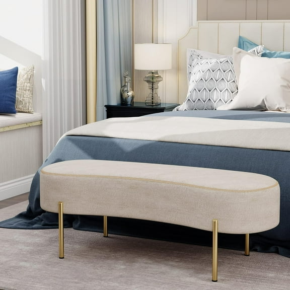 ALISH Upholstered Modern Ottoman Bench with Gold Legs for Living Room, Bedroom - Beige