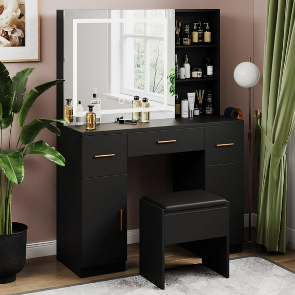 ALISH Vanity Desk with LED Lighted Mirror, Makeup Vanity Set with Stool, Dressing Table with Drawers, Cabinet and Charging Station for Bedroom, Black