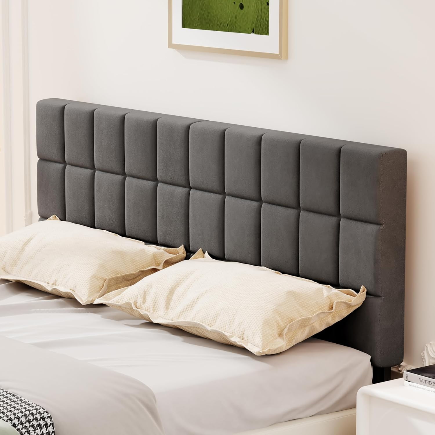 ALISH Velvet Tufted Headboard for King Size Bed, Adjustable Height & Width, Foldable Upholstered ...