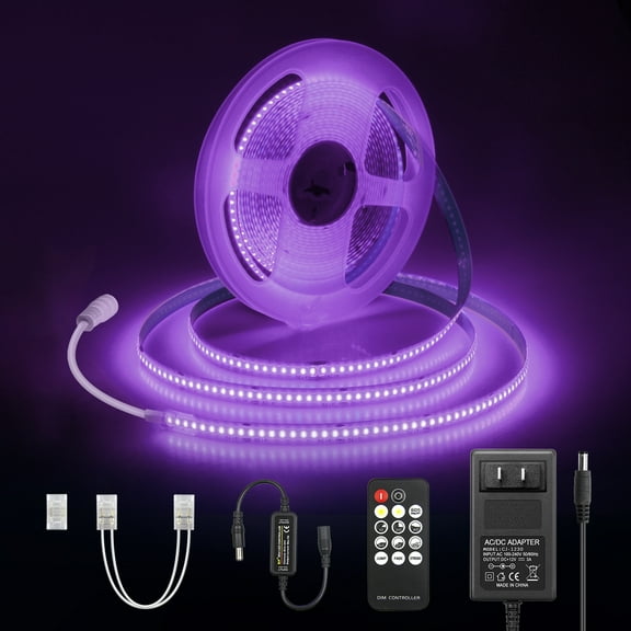 ALITOVE 16.4ft Purple COB LED Strip Lights 12V 1600LEDs Dimmable with RF Remote for Bedroom Indoor Lighting