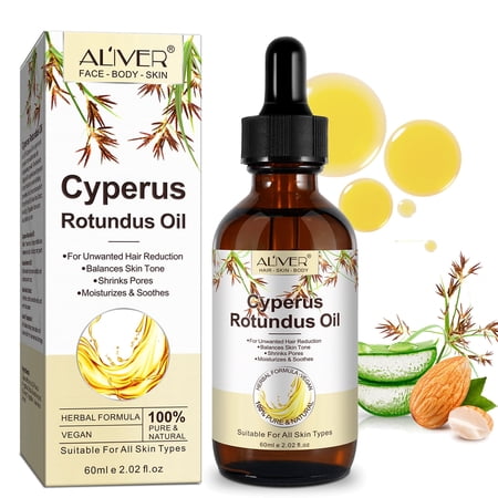 ALIVER Pure Cyperus Rotundus Oil 60ml for Hair Removal, Natural Reduce Body Hair, Skin Tone Balancer with Sweet Almond & Aloe Vera
