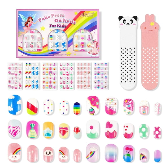 ALIVER 144 Pieces 6 Pack Kids Press on Nails, Artificial Fake Nails for Kids Girls, Pre Glue Full Cover Short Acrylic False Nail Tips Art Kits Gifts for Kids Girls Nail Art Decoration (Rainbow Candy)