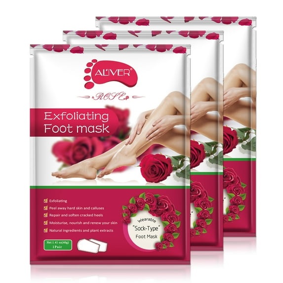 Aliver Exfoliating Foot Masks,3 Pack Rose Foot Peel Mask, Repair and Soften Cracked Heels Gift for Women Mom Feet Care