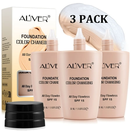ALIVER Color Changing Foundation SPF15 3-Pack, Liquid Foundation Full Converage,Long Lasting Makeup,Match Your Skin Tone