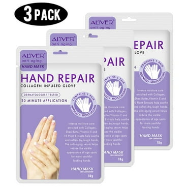ALIVER Hand Mask with Vitamin E and Shea Butter, Hand Skin Repair Collagen Infused Moisturizing Gloves for Aging, Cracked & Dry Hands - 3 Pack