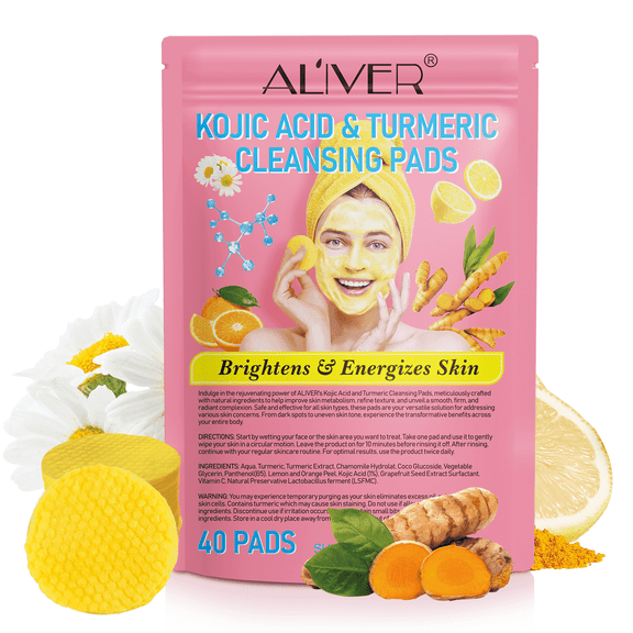 Aliver Kojic Turmeric Acid Cleansing Face Pad, for Face Cleansing and Exfoliating, Gentle, 40 Count
