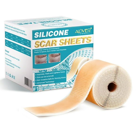 ALIVER Medical Grade Silicone Scar Sheets, 1.6" X 120" Reusable Silicone Tape Roll for Acne, Keloid, Burn, C-Section, Surgical Scar Treatment, Painless Removal, 8 Month Supply
