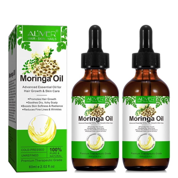 ALIVER Moringa Oil, 100% Natural Premium Organic Cold-Pressed Glass Bottle Moringa Oil, Moringa Seed Oil for Hair, Face, Anti-Aging, Skin Care, Nourish Hair, Scalp & Body Massage, 2.02 fl.oz (2Pcs)