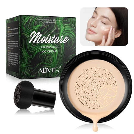ALIVER Mushroom Head Air Cushion CC Cream, CC Cream Foundation, Moisturizing Concealer, Long Lasting Full Coverage Waterproof, Matte Even Skin Tone Nude Makeup Base Primer, Natural