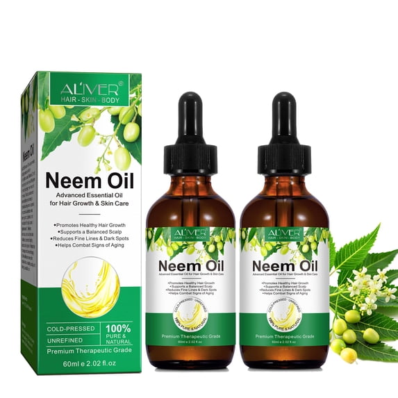 ALIVER Neem Oil, 100% Pure & Natural, Unrefined & Hexane Free, Virgin Cold Pressed Neem Oil, Skin Care & Hair Care, Good for Dry Skin to Moisturize, 2.02 Fl Oz (2Pack)