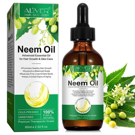 ALIVER Neem Oil, 100% Pure & Natural, Unrefined & Hexane Free, Virgin Cold Pressed Neem Oil, Skin Care & Hair Care, Good for Dry Skin to Moisturize, 2.02 Fl Oz