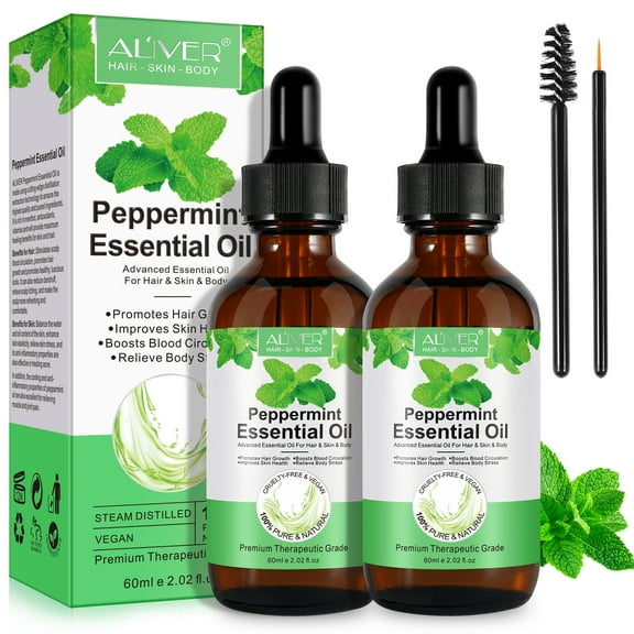 ALIVER Peppermint Essential Oil for Diffuser, Face, Skin Care, Hair Care, Scalp and Body Massage, 100% Pure & Natural, Hexane Free, Vegan, 2.02 fl oz (2Pack)