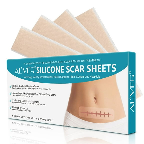 ALIVER Silicone Scar Sheets, Reusable Scar Removal Strips for Acne, Keloid, Burn, C-Section, Surgical Scar Treatment (4 Sheets, 5.9"1.6", 2 Months Supply)