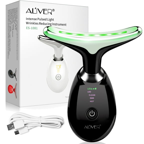 ALIVER Wrinkle Reducing Device Facial and Neck Tightening, LED EMS Neck Lifting Massager with Heat, Anti-Wrinkle Skin Care Tool Anti-Aging Beauty Device (Black)