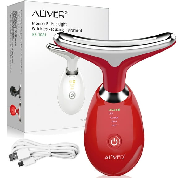 ALIVER Wrinkle Reducing Device Facial and Neck Tightening, LED EMS Neck Lifting Massager with Heat, Anti-Wrinkle Skin Care Tool Anti-Aging Beauty Device (Red)