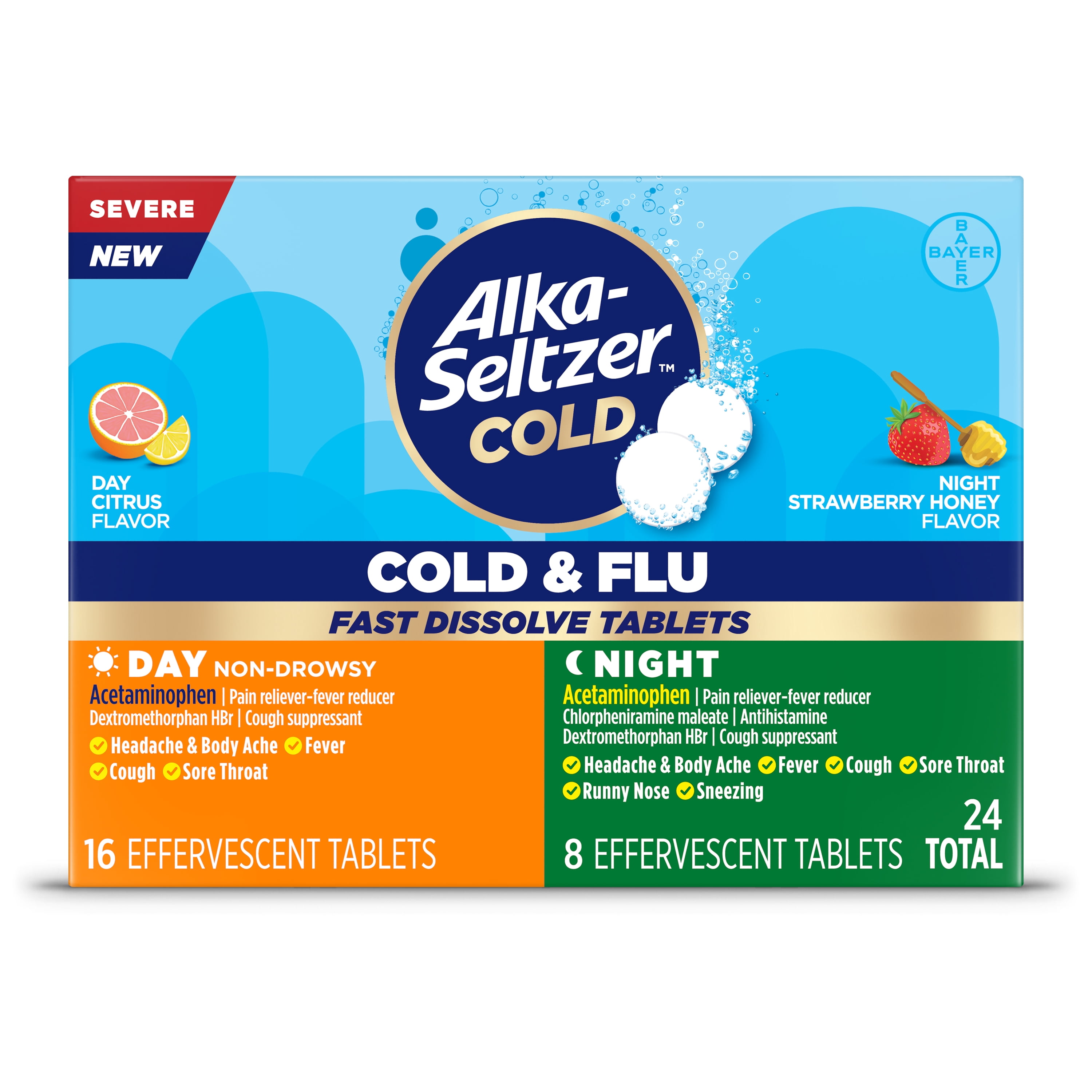 Alka-Seltzer Cold, Cold & Flu Severe Day/Night Fast Dissolve Tabs, Citrus/Straw Honey Flavor, 24 Count