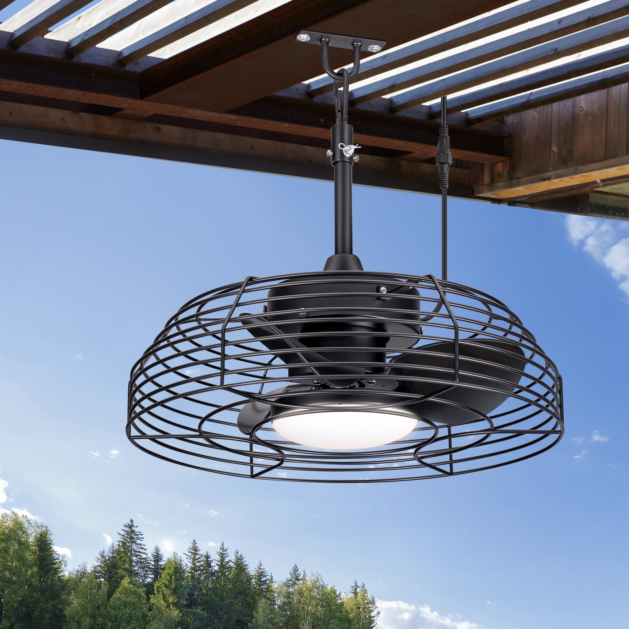 ALKAFY 19 inch Waterproof Black Ceiling Fan with 24W LED Light & Remote - 5M Cord, 6 Speeds for Bathroom & Porch