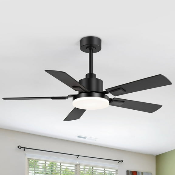 ALKAFY 48" Farmhouse Ceiling Fan with Light and Remote, 6-Speed Reversible DC Motor, LED Flush Mount Ceiling Fan for Bedroom, Black Modern Quiet Ceiling Fan with 5 Wood Blades