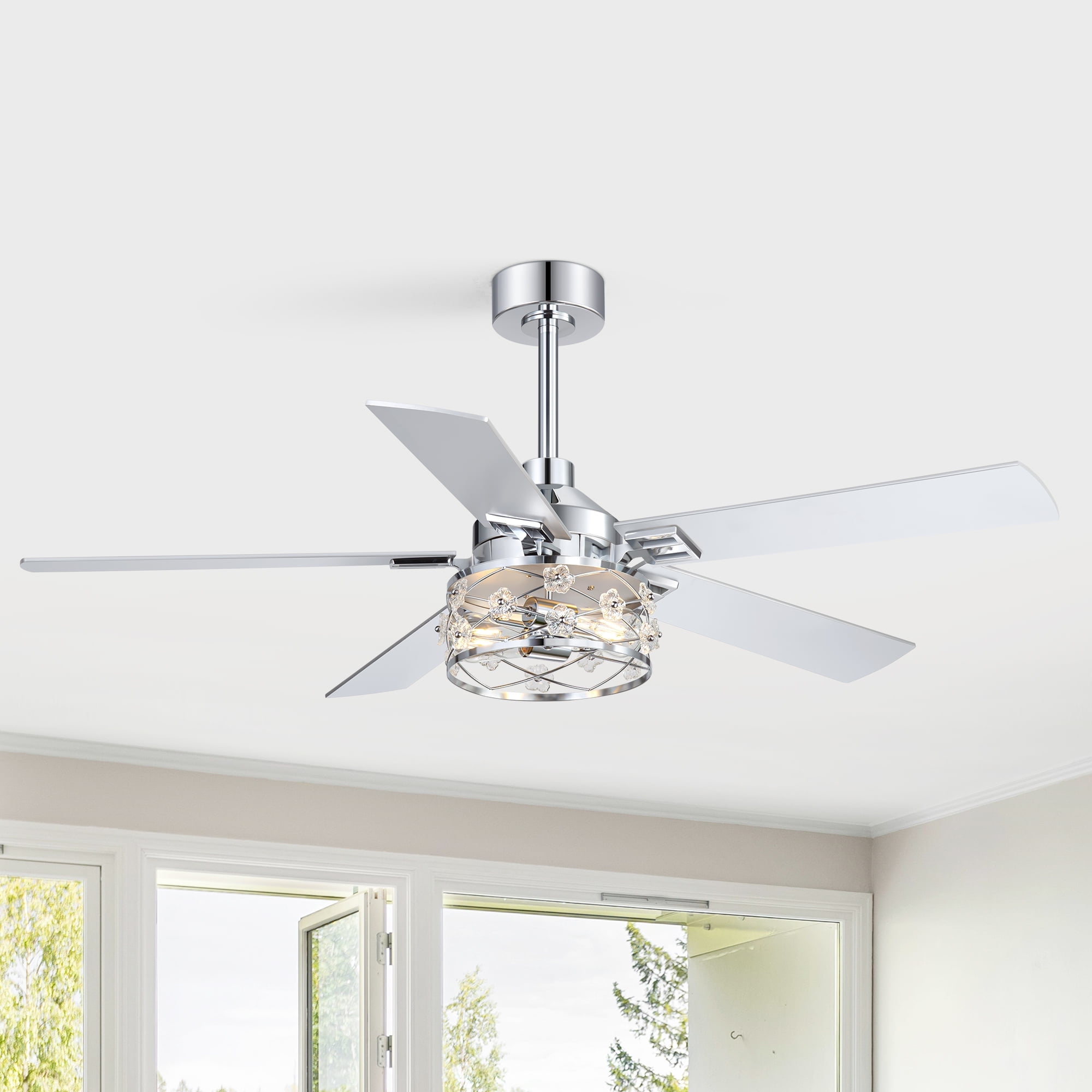 ALKAFY 52 inch Chrome Ceiling Fan with Lights - 5 Dual-Sided Blades, 6 Speeds, Remote, for Bedroom & Living Room