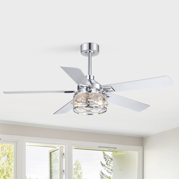 ALKAFY 52 inch Chrome Ceiling Fan with Lights - 5 Dual-Sided Blades, 6 Speeds, Remote, for Bedroom & Living Room