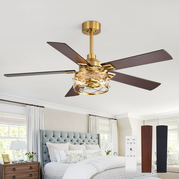 ALKAFY 52 inch Polished Gold Ceiling Fan with Lights - 5 Dual-Sided Blades, 6 Speeds, Remote, for Bedroom & Living Room