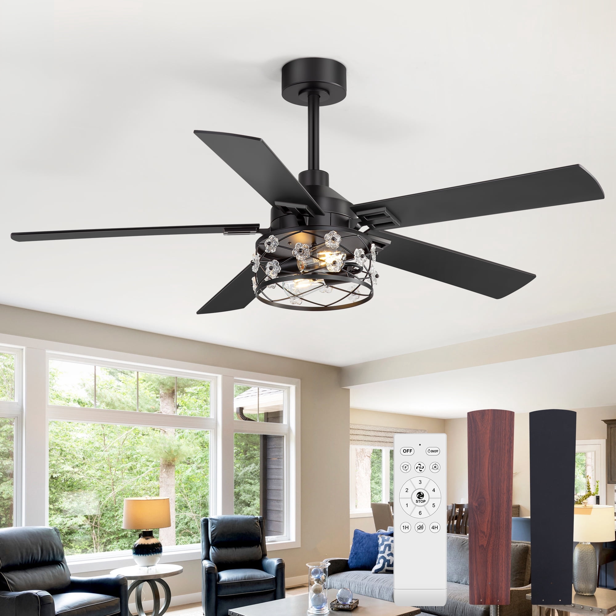 ALKAFY 52 inch Matte Black Ceiling Fan with Lights - 5 Dual-Sided ...