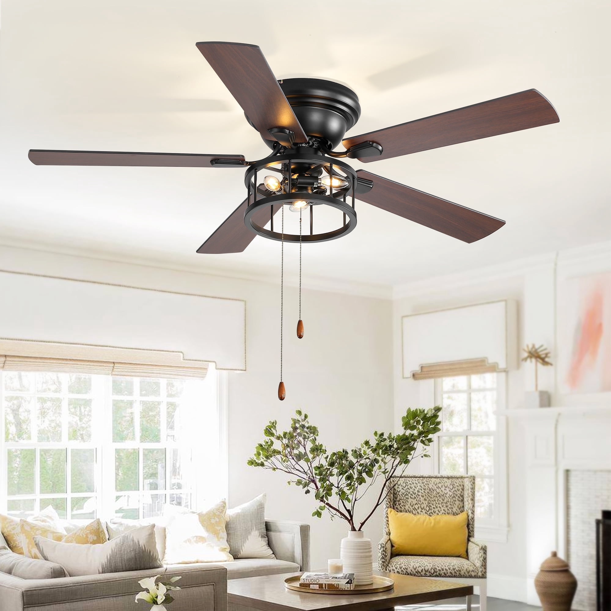 ALKAFY 52-inch Traditional Flush Mount Ceiling Fan with Light, Pull Chain and Classic Plywood Blades for Bedroom, Living Room, Kitchen