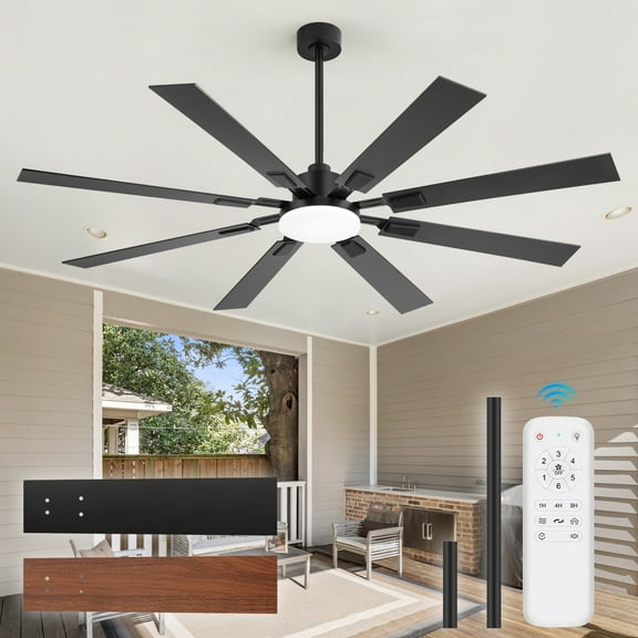 72 inch Matte Black 8-Blade Ceiling Fan with LED Light & Remote, Reversible DC Motor for Living Rooms & Bedrooms