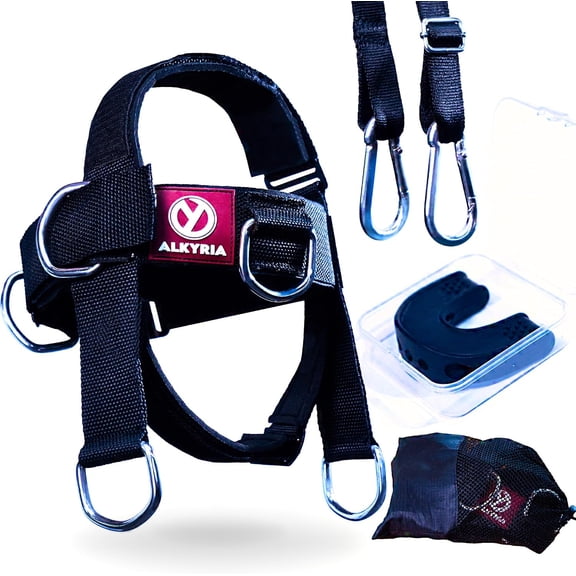 ALKYRIA Neck Harness Weight Lifting Trainer Adjustable Head Strap for Gym Boxing Home Training Padded Chin Support with Jaw Exerciser and Mesh Bag 1 Kit