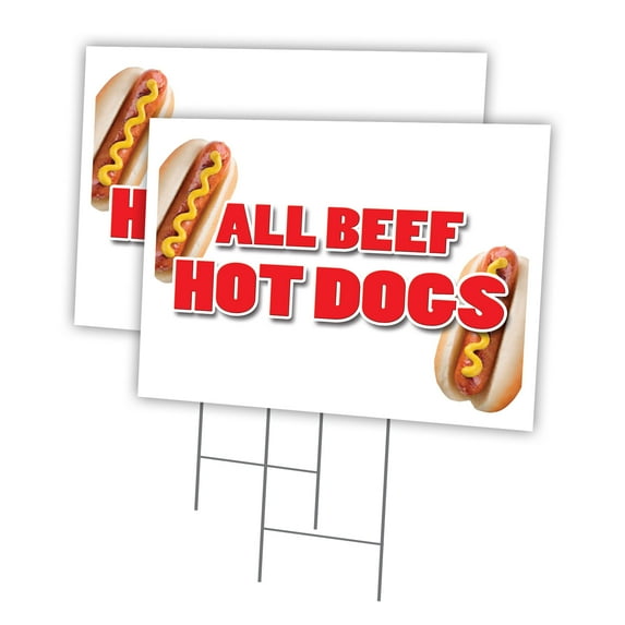 ALL BEEF HOT DOGS 2 Pack Of 12" x 16" Yard Sign & Stake | Advertise Your Business | Stake Included Image On Both Sides | Made in The USA