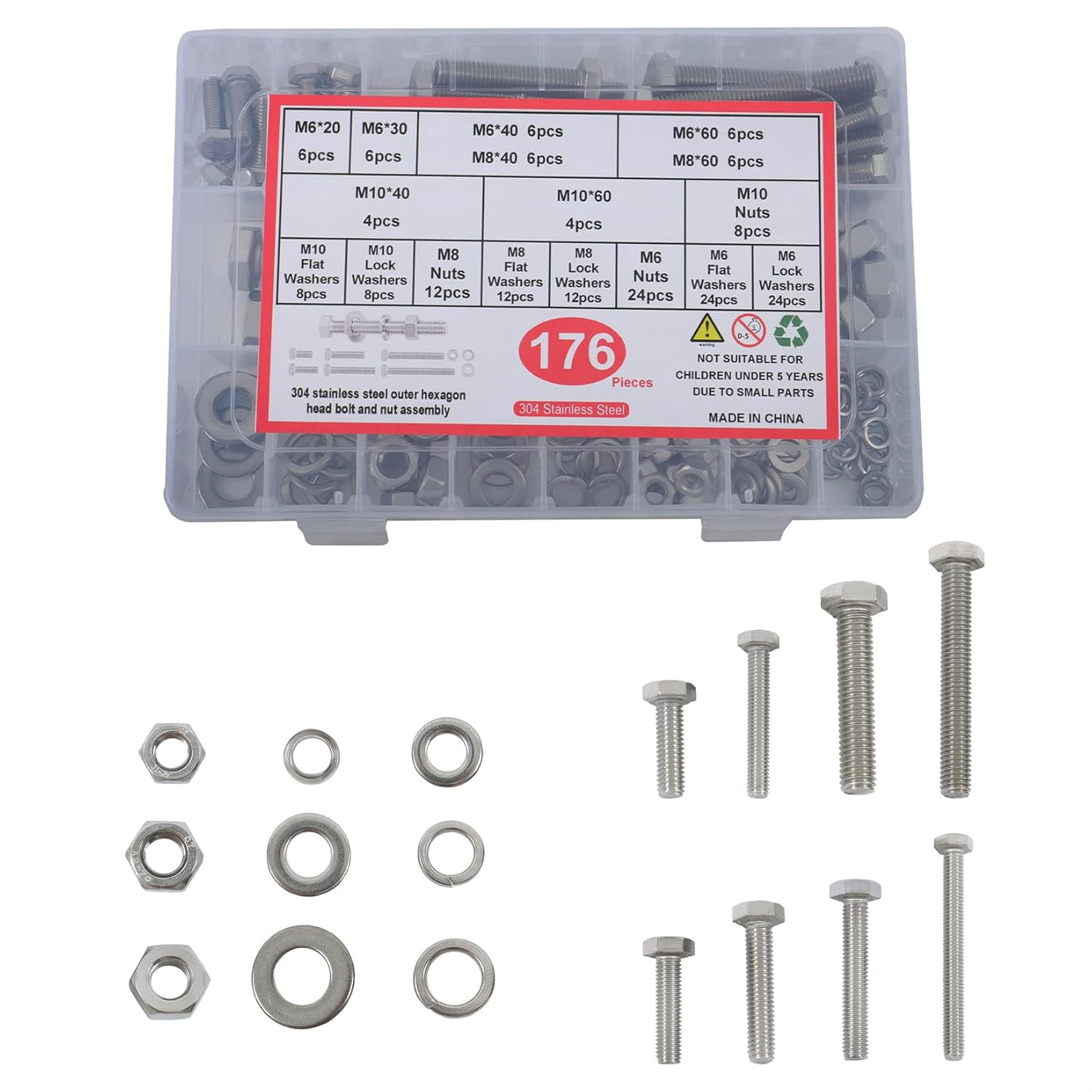 ALL-CARB 176 Pieces Hexagonal Bolt Nut Combination Kit M6 M8 M10 Bolt ...