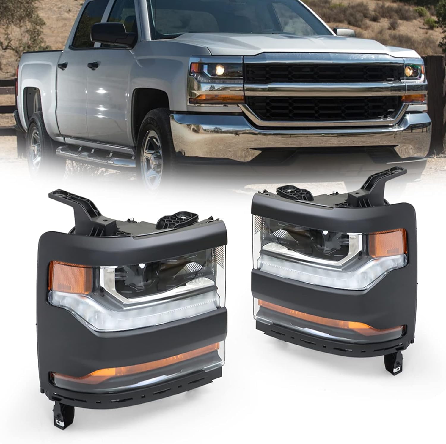 ALLCARB Black Housing Headlights Front Head Lamps Replacement for 2016