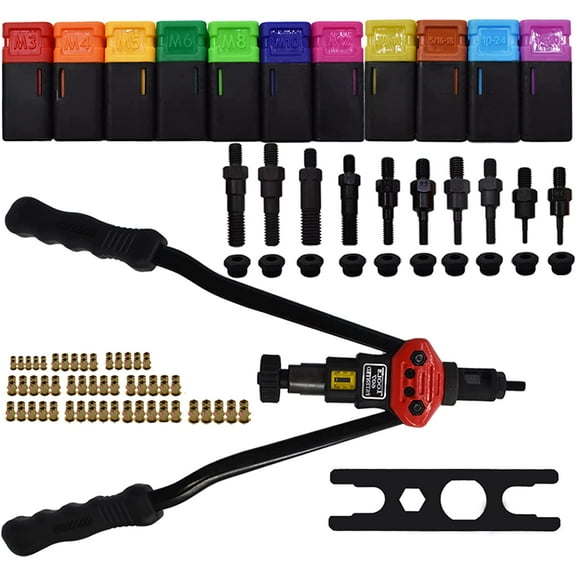 ALL-CARB Rivet Nut Tool, 17 Inch Hand Rivet Nut Kit with 11 Metric and SAE Mandrels and 110 Metric Rivet Nuts, Threaded Insert Hand Riveter (BT607)