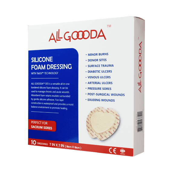 ALL GOOODA Silicone Foam Dressing 7x7, Box of 10, Sacrum, Pressure Bed Sore Pad, Adhesive with Border