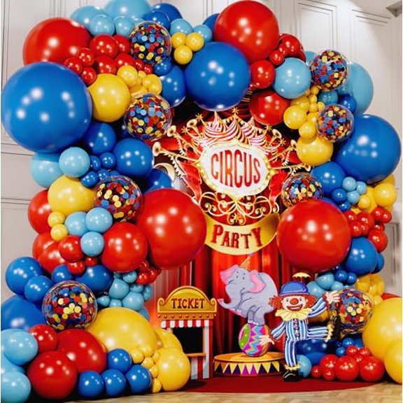 ALL-IN-1 Circus Balloons Arch Kit & Garland for Carnival Party Decorations Theme – Primary Color Balloons in Red Blue Yellow & Rainbow Confetti – Baby Shower Circus Birthday Party Supplies