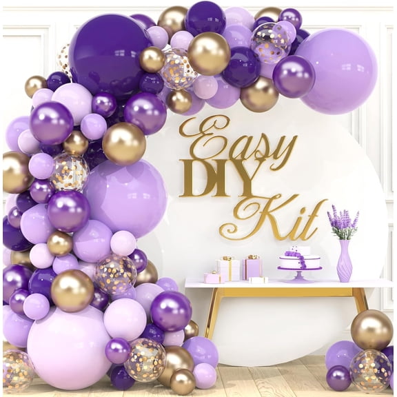 ALL-IN-1 Purple and Gold Balloon Arch & Garland Kit Small and Large Purple Gold Balloons with Confetti Lavender, Dark Purples, Pastel Purples Lilac Party Decorations for Birthday and Graduation