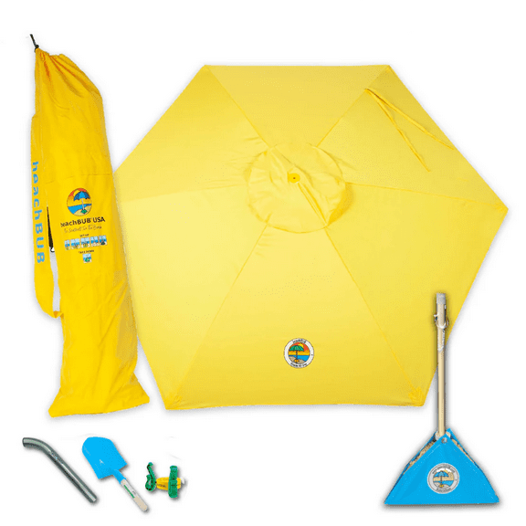 ALL-IN-ONE BEACH UMBRELLA SYSTEM. Includes ULTRA Base (compliant with the ASTM F3681-24 Beach Umbrella Safety Standard). (Sun-kissed Yellow)