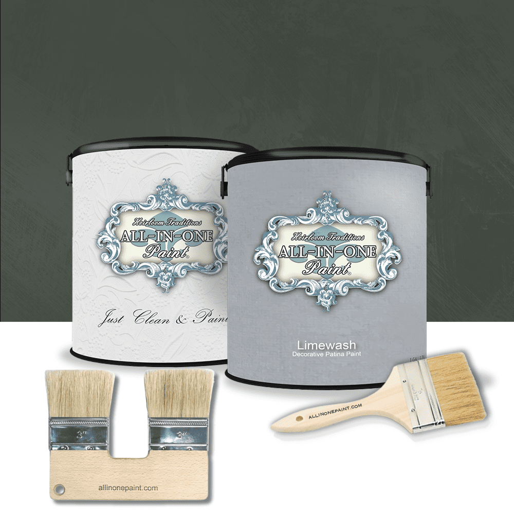 ALL-IN-ONE Paint by Heirloom Traditions, Limewash Paint, 2 Gallon Paint Bundle and Tool Kit - Faux Lime Wash Effect, Matte Suede Wall Treatment - Envy (slate green)