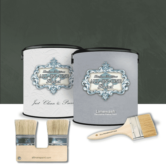 ALL-IN-ONE Paint by Heirloom Traditions, Limewash Paint, 2 Gallon Paint Bundle and Tool Kit - Faux Lime Wash Effect, Matte Suede Wall Treatment - Envy (slate green)