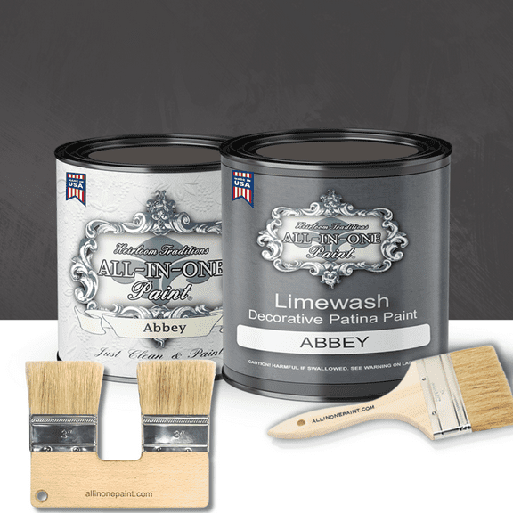 ALL-IN-ONE Paint by Heirloom Traditions, Limewash Paint, 2 Quart Paint Bundle and Tool Kit - Faux Lime Wash Effect, Matte Suede Wall Treatment - Abbey (warm gray)