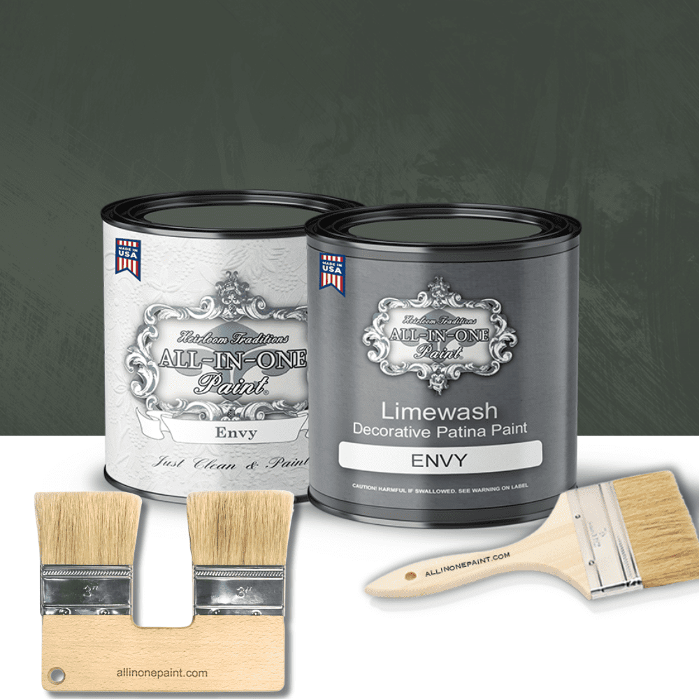ALL-IN-ONE Paint by Heirloom Traditions, Limewash Paint, 2 Quart Paint Bundle and Tool Kit - Faux Lime Wash Effect, Matte Suede Wall Treatment - Envy (slate green)