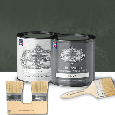ALL-IN-ONE Limewash Paint, 2 Quart Paint Bundle and Tool Kit - Faux Lime Wash Effect, Matte Suede Wall Treatment - Envy (slate green)