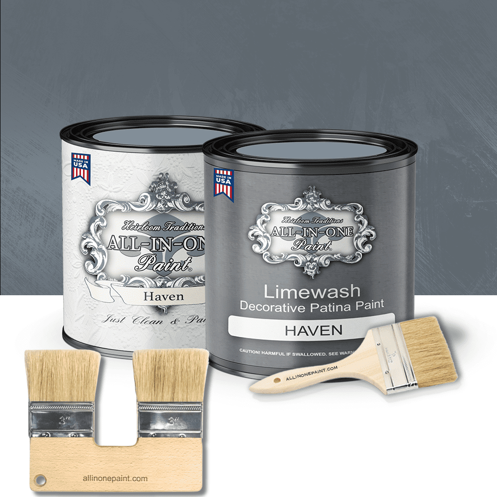 ALL-IN-ONE Paint by Heirloom Traditions, Limewash Paint, 2 Quart Paint Bundle and Tool Kit - Faux Lime Wash Effect, Matte Suede Wall Treatment - Haven (heathered, muted blue)
