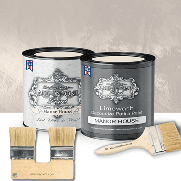 ALL-IN-ONE Limewash Paint, 2 Quart Paint Bundle and Tool Kit - Faux Lime Wash Effect, Matte Suede Wall Treatment - Manor House (creamy off white)